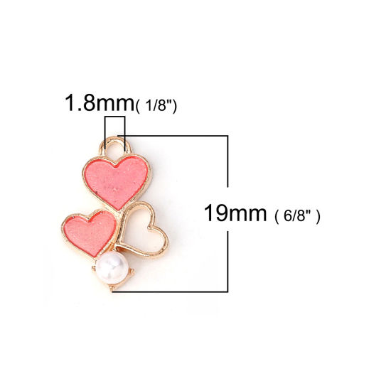Image de Breloques en Alliage de Zinc Cœur Imitation Perles Émail Doré Rose 19mm x 13mm, 20 Pcs
