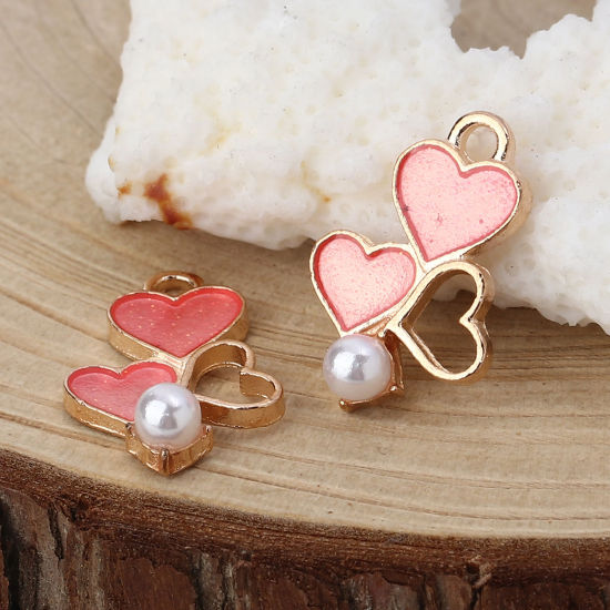 Image de Breloques en Alliage de Zinc Cœur Imitation Perles Émail Doré Rose 19mm x 13mm, 20 Pcs