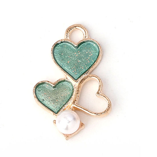 Image de Breloques en Alliage de Zinc Cœur Imitation Perles Émail Doré Rose 19mm x 13mm, 20 Pcs