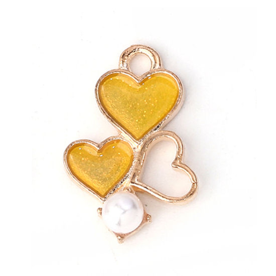 Image de Breloques en Alliage de Zinc Cœur Imitation Perles Émail Doré Jaune 19mm x 13mm, 20 Pcs