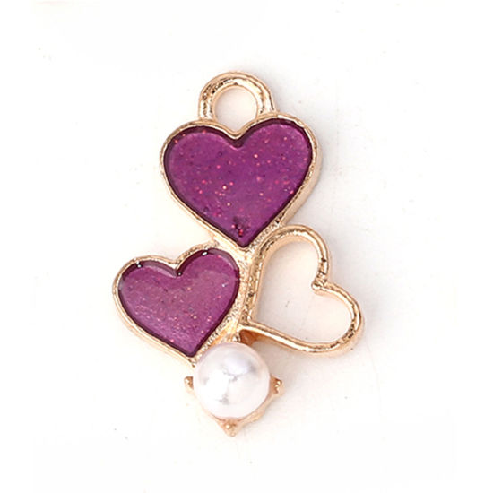 Image de Breloques en Alliage de Zinc Cœur Imitation Perles Émail Doré Violet 19mm x 13mm, 20 Pcs