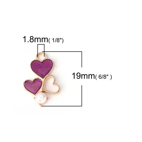 Image de Breloques en Alliage de Zinc Cœur Imitation Perles Émail Doré Violet 19mm x 13mm, 20 Pcs