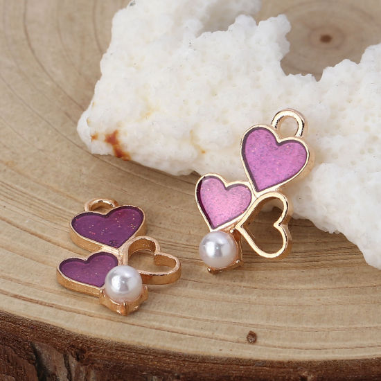 Image de Breloques en Alliage de Zinc Cœur Imitation Perles Émail Doré Violet 19mm x 13mm, 20 Pcs