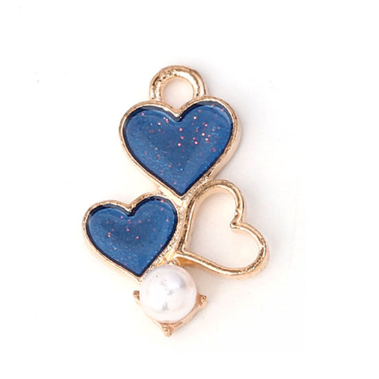 Image de Breloques en Alliage de Zinc Cœur Imitation Perles Émail Doré Bleu 19mm x 13mm, 20 Pcs
