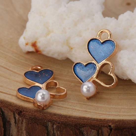 Image de Breloques en Alliage de Zinc Cœur Imitation Perles Émail Doré Bleu 19mm x 13mm, 20 Pcs