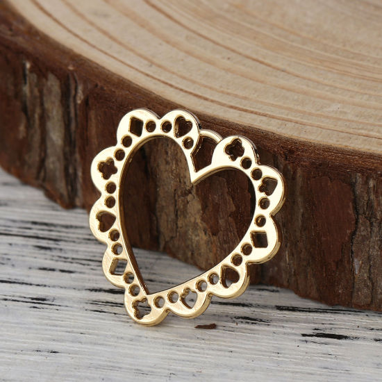 Imagen de Zamak Colgantes Charms Corazón Chapado en Oro Hueco 25mm x 23mm, 10 Unidades