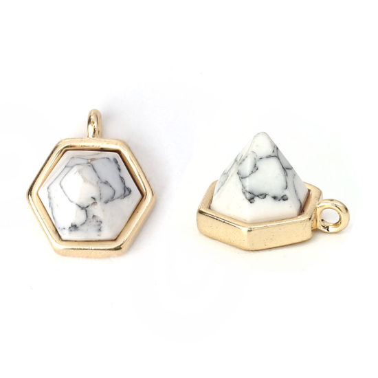 Picture of Brass Charms Taper 18K Real Gold Plated White Imitation Turquoise Faceted 10mm( 3/8") x 9mm( 3/8"), 2 PCs                                                                                                                                                     