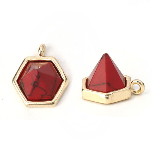 Picture of Brass Charms Taper 18K Real Gold Plated Red Imitation Turquoise Faceted 10mm( 3/8") x 9mm( 3/8"), 2 PCs                                                                                                                                                       