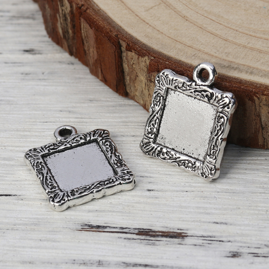 Zinc Based Alloy Charms Square Antique Silver Cabochon Settings (Fits 12mmx12mm) 23mm x 19mm, 20 PCs の画像
