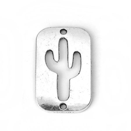 Image de Connecteurs en Alliage de Zinc Rectangle Argent Vieilli Cactus 32mm x 20mm, 20 Pcs