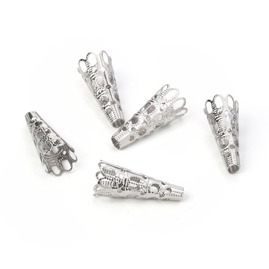 Picture of 304 Stainless Steel Beads Caps Cone Silver Tone (Fits 12mm Beads) 22mm( 7/8") x 9mm( 3/8"), 20 PCs