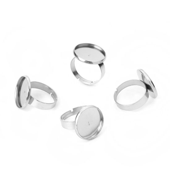 Picture of 304 Stainless Steel Adjustable Rings Silver Tone Round Cabochon Settings (Fits 16mm Dia.) 16.7mm( 5/8")(US size 6.25), 3 PCs