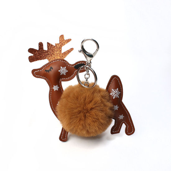 Picture of Plush Keychain & Keyring Pom Pom Ball Silver Tone Coffee Pere David's Deer Glitter 15cm x 12cm, 1 Piece