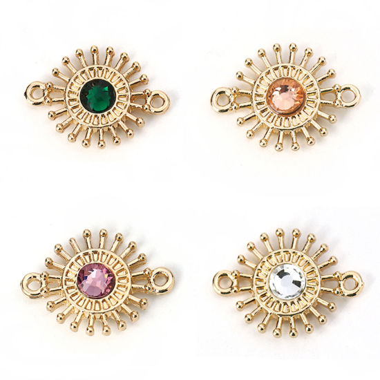 Bild von Zinklegierung Verbinder Blumen Vergoldet mit Grün Strass, 20mm x 15mm, 10 Stück