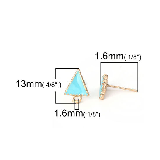 Image de Boucles d'Oreilles Puces en Alliage de Zinc Doré Bleu Clair Triangle avec Boucle Émail 13mm x 10mm, Epaisseur de Fil: (21 gauge) 10 Pcs