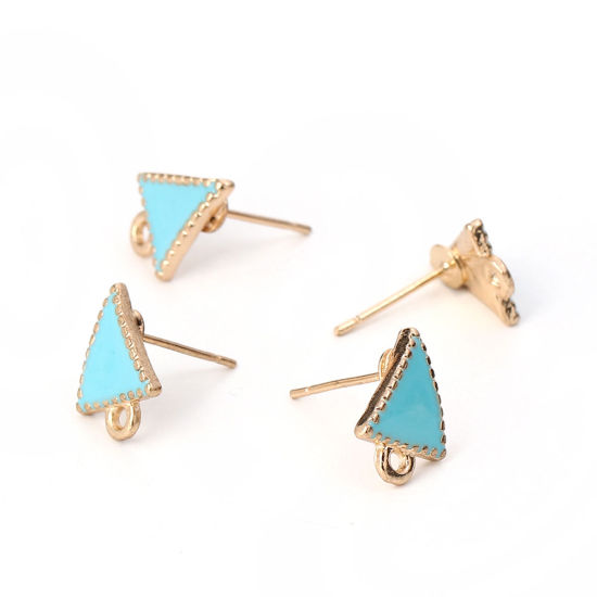 Image de Boucles d'Oreilles Puces en Alliage de Zinc Doré Bleu Clair Triangle avec Boucle Émail 13mm x 10mm, Epaisseur de Fil: (21 gauge) 10 Pcs