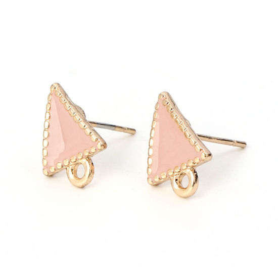 Picture of Zinc Based Alloy Ear Post Stud Earrings Findings Triangle Gold Plated Pink W/ Loop Enamel 13mm x 10mm, Post/ Wire Size: (21 gauge), 10 PCs