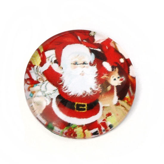 Bild von Glas Dom Cabochon Verzierung Rund Platt Weiß & Rot Weihnachten Weihnachtsmann Muster 20mm D., 30 Stück