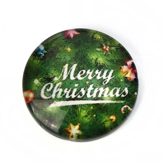 Bild von Glas Dom Cabochon Verzierung Rund Platt Grün Message Muster " Merry Christmas " 20mm D., 30 Stück