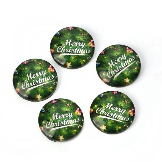 Picture of Glass Dome Seals Cabochon Round Flatback Green Message Pattern " Merry Christmas " 20mm( 6/8") Dia, 30 PCs