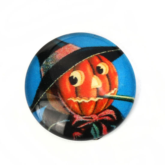 Imagen de Vidrio Dome Seals Cabochon Ronda Flatback Naranja-rojo Halloween Hombre Calabaza 20mm Dia, 30 Unidades