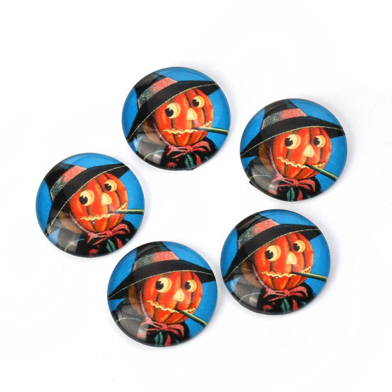 Imagen de Vidrio Dome Seals Cabochon Ronda Flatback Naranja-rojo Halloween Hombre Calabaza 20mm Dia, 30 Unidades