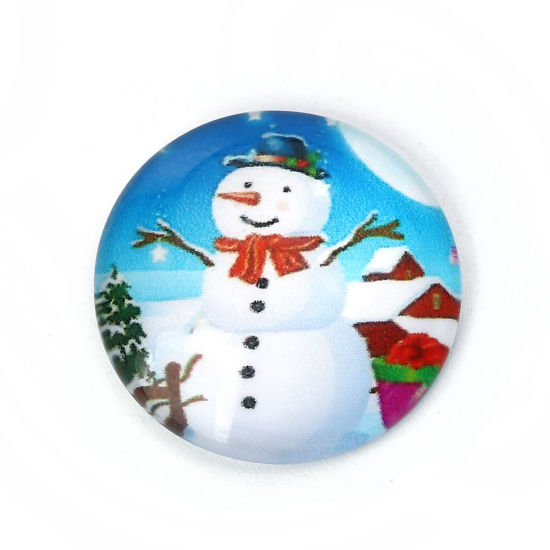 Bild von Glas Dom Cabochon Verzierung Rund Platt Weiß & Blau Weihnachten Schneemann Muster 20mm D., 30 Stück