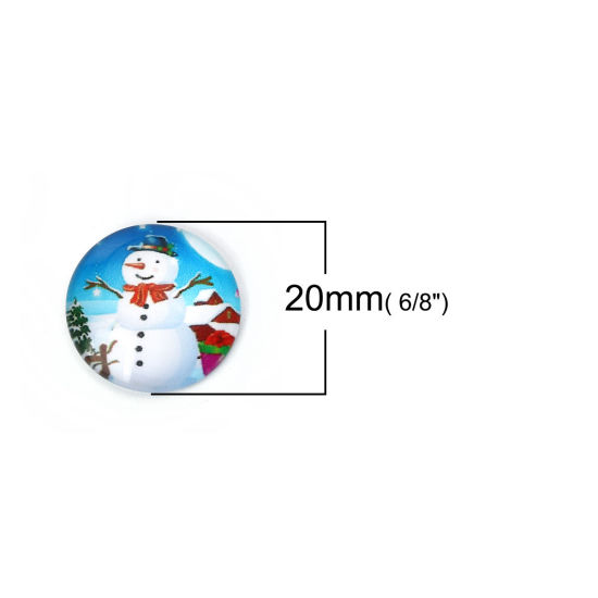 Bild von Glas Dom Cabochon Verzierung Rund Platt Weiß & Blau Weihnachten Schneemann Muster 20mm D., 30 Stück