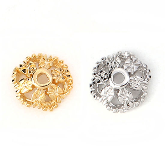 Image de Coupelles en Laiton Fleur Plaqué Or Véritable (Apparié à Perle: 8mm Dia) 7mm x 7mm, 10 Pcs