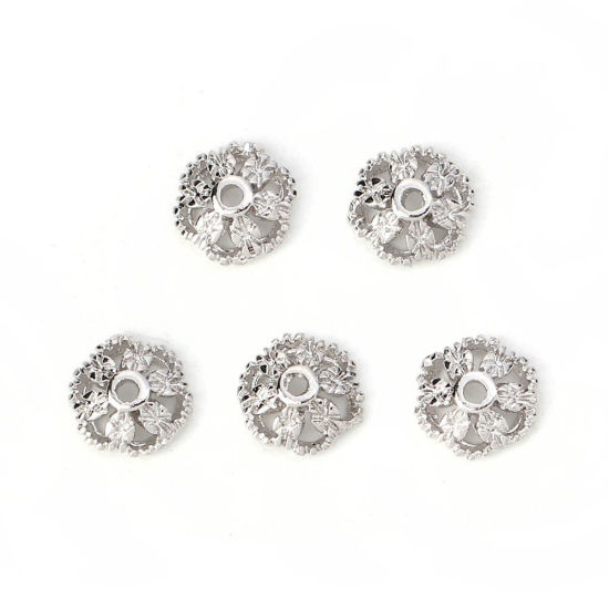 Image de Coupelles en Laiton Fleur Plaqué Or Véritable (Apparié à Perle: 8mm Dia) 7mm x 7mm, 10 Pcs