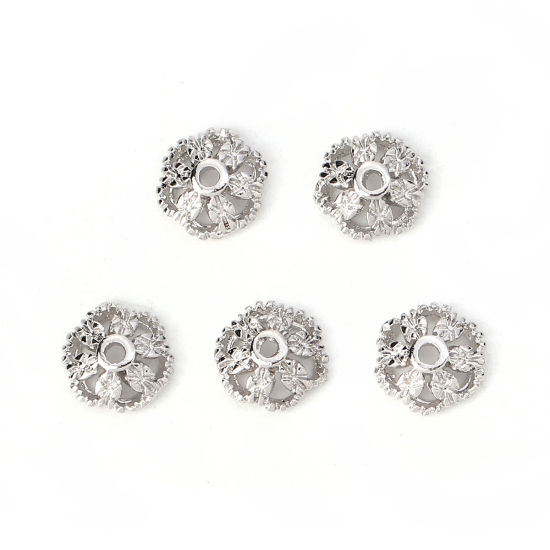 Picture of Brass Beads Caps Flower Real Platinum Plated (Fit Beads Size: 8mm Dia.) 7mm( 2/8") x 7mm( 2/8"), 10 PCs                                                                                                                                                       