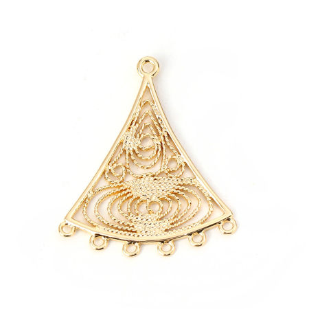 Brass Chandelier Connectors Fan-shaped 18K Real Gold Plated Filigree 28mm(1 1/8") x 24mm(1"), 3 PCs