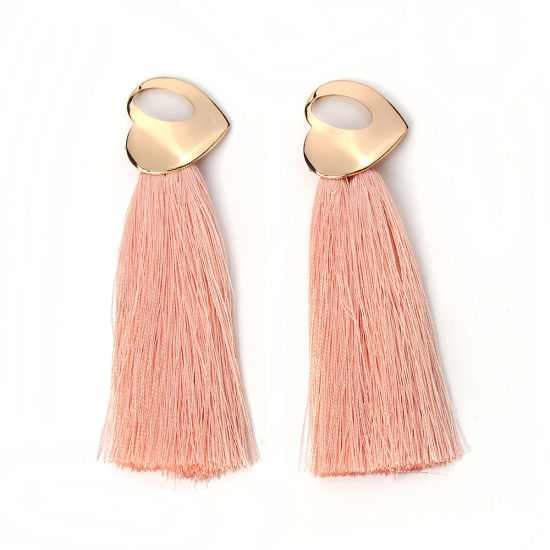 Picture of Polyester Tassel Pendants Heart Gold Plated Pink 10cm x2.5cm(3 7/8" x1") - 9.5cm x2.5cm(3 6/8" x1"), 2 PCs