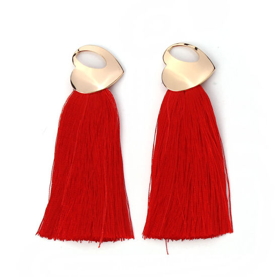 Picture of Polyester Tassel Pendants Heart Gold Plated Red 10cm x2.5cm(3 7/8" x1") - 9.5cm x2.5cm(3 6/8" x1"), 2 PCs