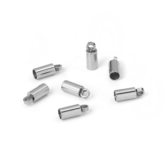 Image de Embouts pour Cordons en 304 Acier Inoxydable Colonne Argent Mat (pr Cordon: 2.5mm） 8mm x 3mm, 20 Pcs