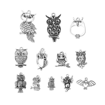 Lega di Zinco Ciondoli Gufo Argento Antico Colore Misto 54mm x 27mm , 1 Serie ( 12 Pz/Serie)