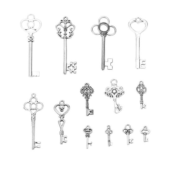 Picture of Zinc Based Alloy Pendants Key Antique Silver Color Mixed 62mm x20mm(2 4/8" x 6/8") - 16mm x9mm( 5/8" x 3/8"), 1 Set ( 13 PCs/Set)