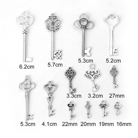 Picture of Zinc Based Alloy Pendants Key Antique Silver Color Mixed 62mm x20mm(2 4/8" x 6/8") - 16mm x9mm( 5/8" x 3/8"), 1 Set ( 13 PCs/Set)