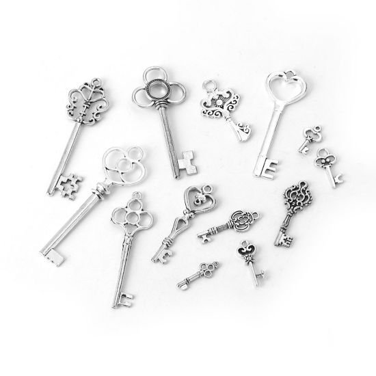 Picture of Zinc Based Alloy Pendants Key Antique Silver Color Mixed 62mm x20mm(2 4/8" x 6/8") - 16mm x9mm( 5/8" x 3/8"), 1 Set ( 13 PCs/Set)