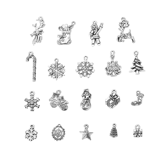 Picture of Zinc Based Alloy Charms Christmas Snowflake Antique Silver Color Mixed Boots 27mm x11mm(1 1/8" x 3/8") - 12mm x7mm( 4/8" x 2/8"), 1 Set ( 19 PCs/Set)