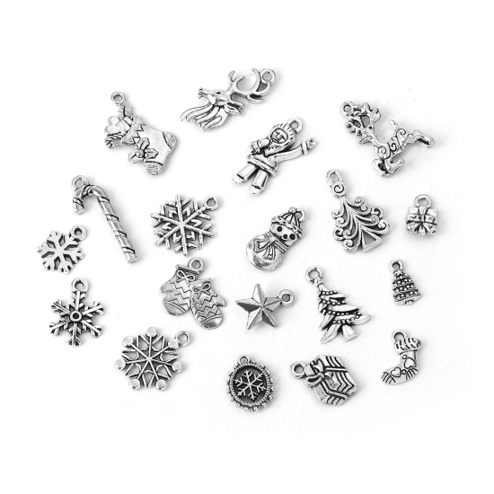 Picture of Zinc Based Alloy Charms Christmas Snowflake Antique Silver Color Mixed Boots 27mm x11mm(1 1/8" x 3/8") - 12mm x7mm( 4/8" x 2/8"), 1 Set ( 19 PCs/Set)