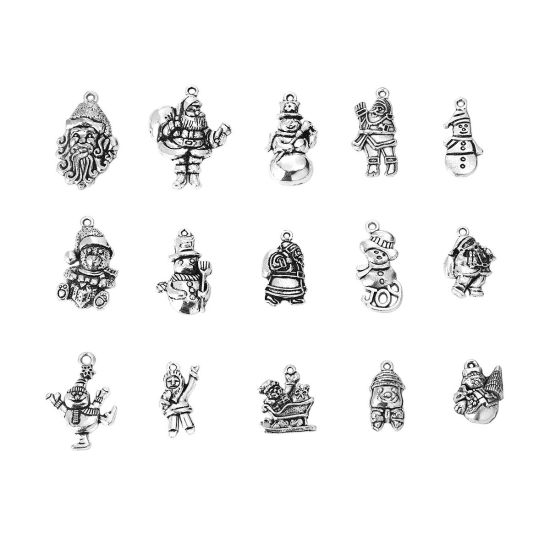Изображение Цинковый Сплав Подвески Рождественский Снеговик Античное Серебро Смешанный Дед Мороз С Узором 3.3см x 2.5см, 1 Комплект ( 15 ШТ/Комплект)