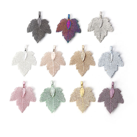 Picture of Brass Pendants Maple Leaf Silver Tone 36mm x28mm(1 3/8" x1 1/8") - 34mm x27mm(1 3/8" x1 1/8"), 2 PCs                                                                                                                                                          