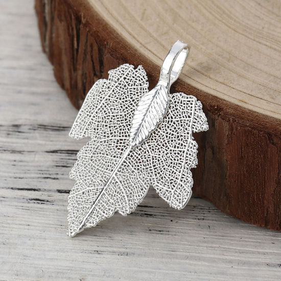 Picture of Brass Pendants Maple Leaf Silver Plated 36mm x28mm(1 3/8" x1 1/8") - 34mm x27mm(1 3/8" x1 1/8"), 2 PCs                                                                                                                                                        