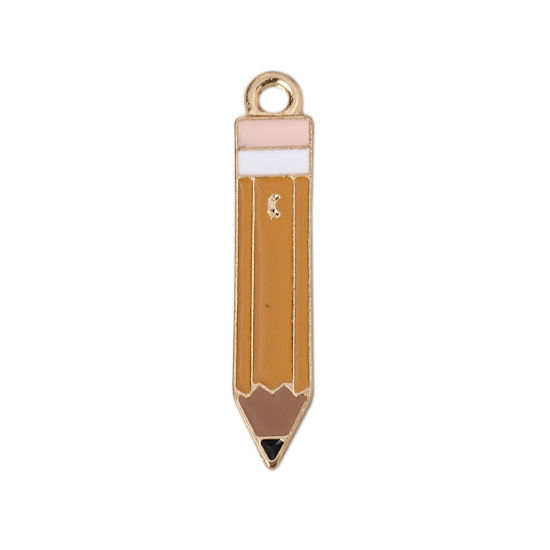 Picture of Zinc Based Alloy College Jewelry Pendants Pencil Gold Plated Ginger Enamel 32mm(1 2/8") x 6mm( 2/8"), 10 PCs