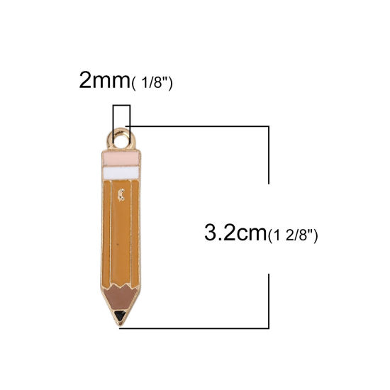 Picture of Zinc Based Alloy College Jewelry Pendants Pencil Gold Plated Ginger Enamel 32mm(1 2/8") x 6mm( 2/8"), 10 PCs