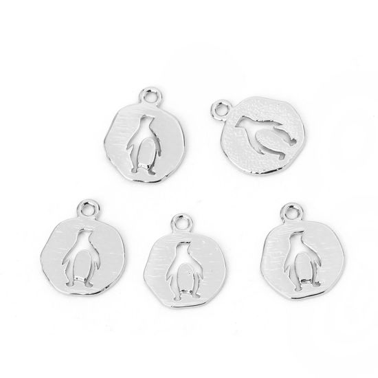 Picture of Brass Charms Round Silver Tone Penguin 14mm( 4/8") x 11mm( 3/8"), 5 PCs