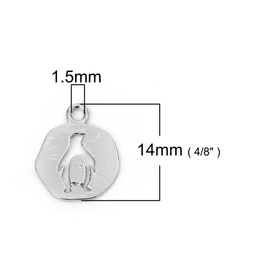 Picture of Brass Charms Round Silver Tone Penguin 14mm( 4/8") x 11mm( 3/8"), 5 PCs