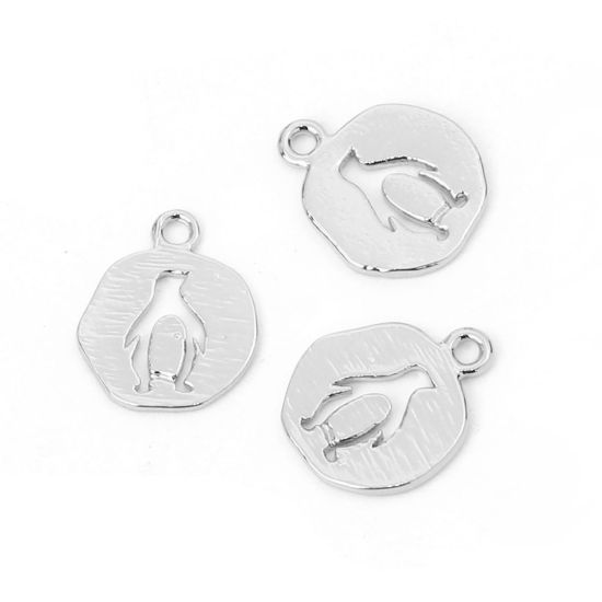 Picture of Brass Charms Round Silver Tone Penguin 14mm( 4/8") x 11mm( 3/8"), 5 PCs