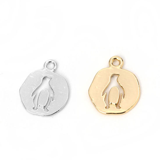 Picture of Brass Charms Round Silver Tone Penguin 14mm( 4/8") x 11mm( 3/8"), 5 PCs